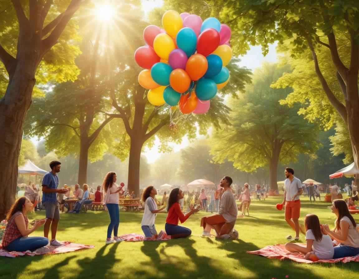 A diverse group of people joyfully connecting in a vibrant park, sharing laughter and activities like picnics and games. Colorful elements like balloons and flowers surround them, depicting a strong sense of community and support. The scene captures the essence of happiness and engagement, with warm sunlight filtering through the trees. super-realistic. vibrant colors. cheerful atmosphere.
