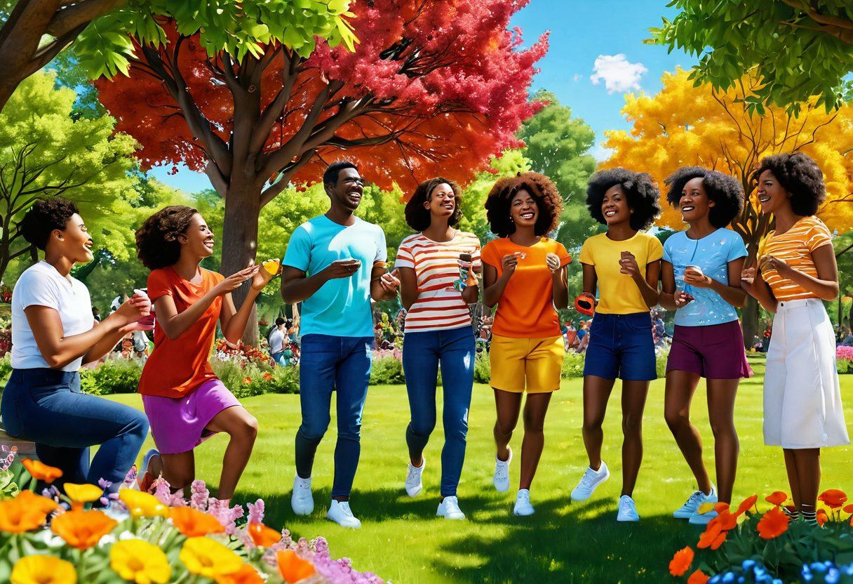 A vibrant community scene featuring diverse groups of friends joyfully interacting in a sunny park, surrounded by colorful flowers and trees. Include elements of laughter, shared meals, and group activities like playing games or storytelling. Illustrate a sense of unity and happiness that radiates from their interactions, emphasizing the joyous bond of friendship. bright colors. lively style. 3D.