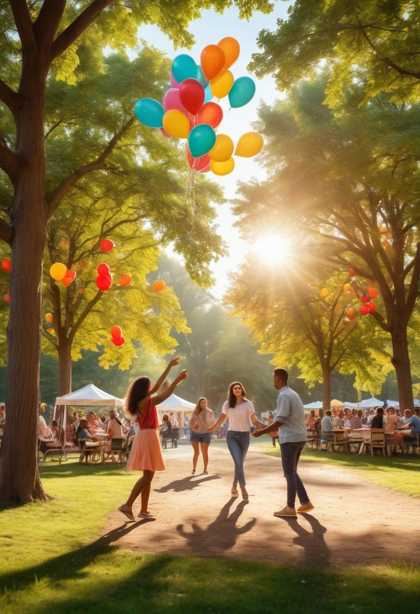 A vibrant community gathering scene with diverse individuals sharing joyful moments, smiling and engaging in various activities like dancing, playing games, and enjoying a picnic in a colorful park. Include elements of balloons and festive decorations, emphasizing a sense of togetherness and belonging. Soft sunlight filtering through trees adds warmth. super-realistic. bright colors. lively atmosphere.